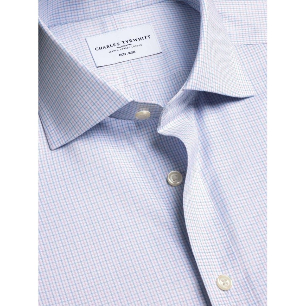 Charles Tyrwhitt Cornflower Blue Tattersall Check Non-Iron Twill Shirt 16.5 35